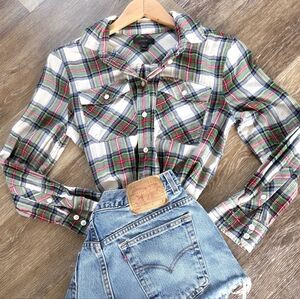 J. Crew Multicolor Plaid Button Down Shirt Long Sleeve Holiday Rodeo Western